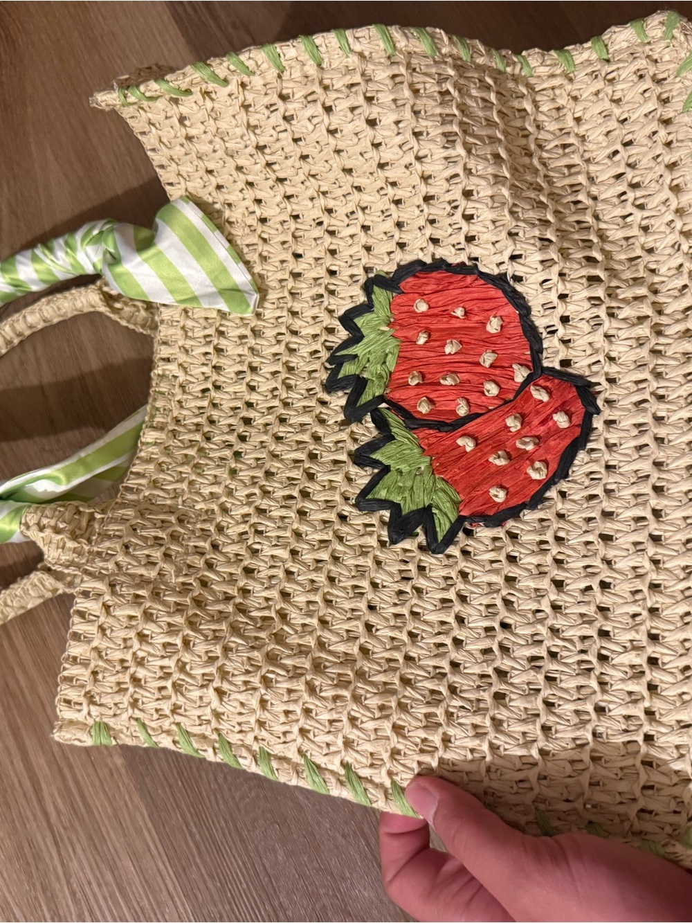 Straw Tote Bag with Strawberry Appliqué - Natural and Red - Picture 6 of 9